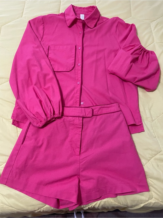 Commense Pants - Commense Hot Pink Button-Up Shirt & High-Rise Shorts Set